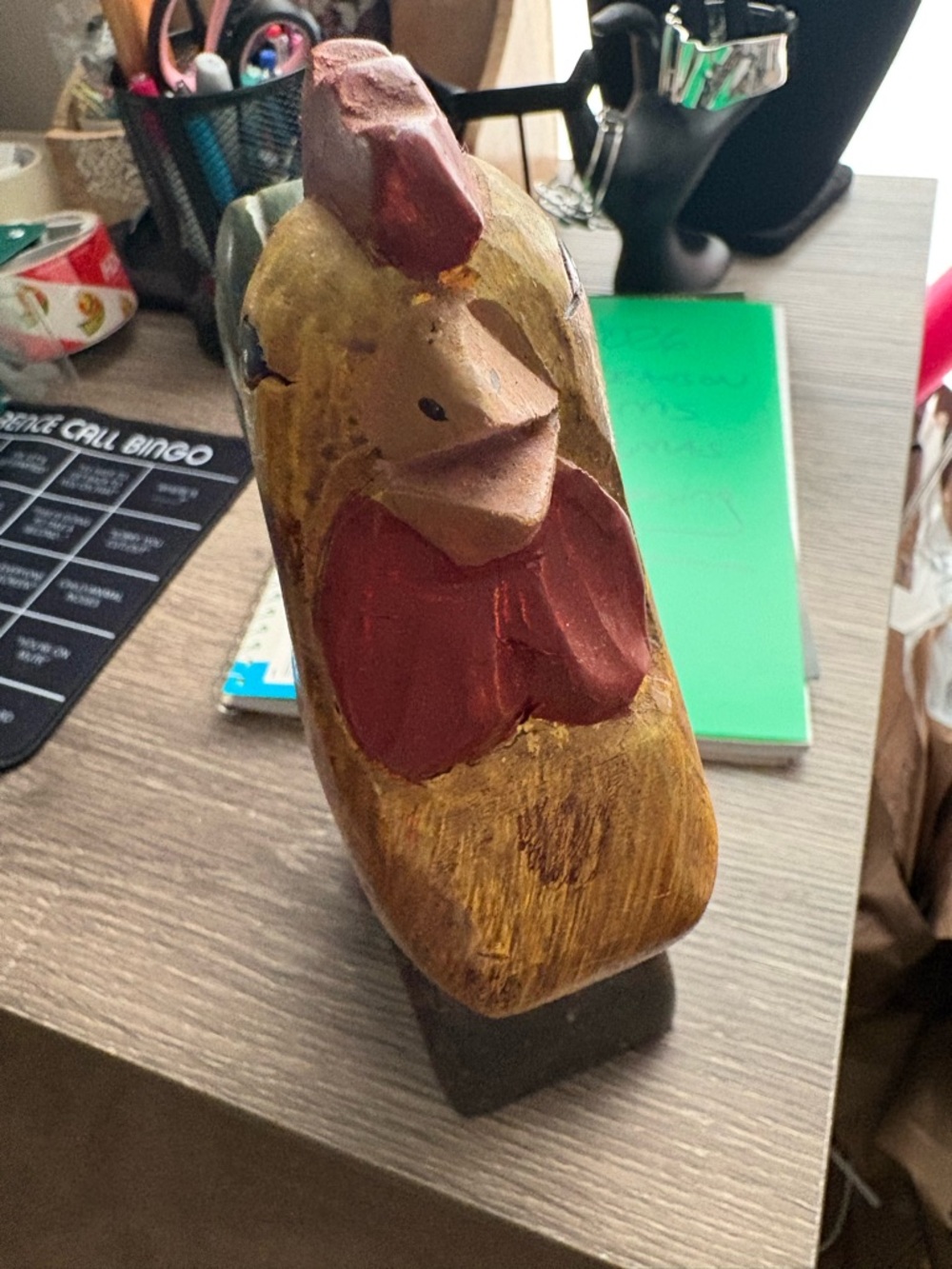 Hand-Carved Wooden Rooster Figurine - Yellow & Dark Green - Picture 6 of 10